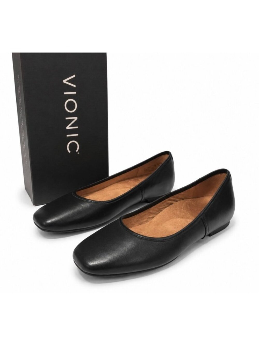 Vionic Orinda Black Calf Leather Square Toe Ballet Flats Women 7 Narrow Orthotic